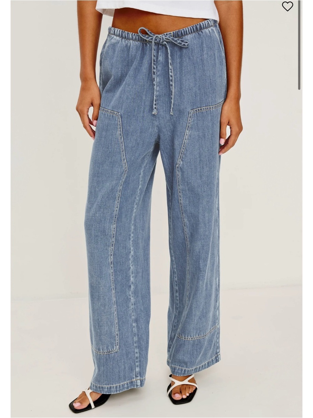 Relaxed Drawstring Wide-Leg Jeans - Light Blue